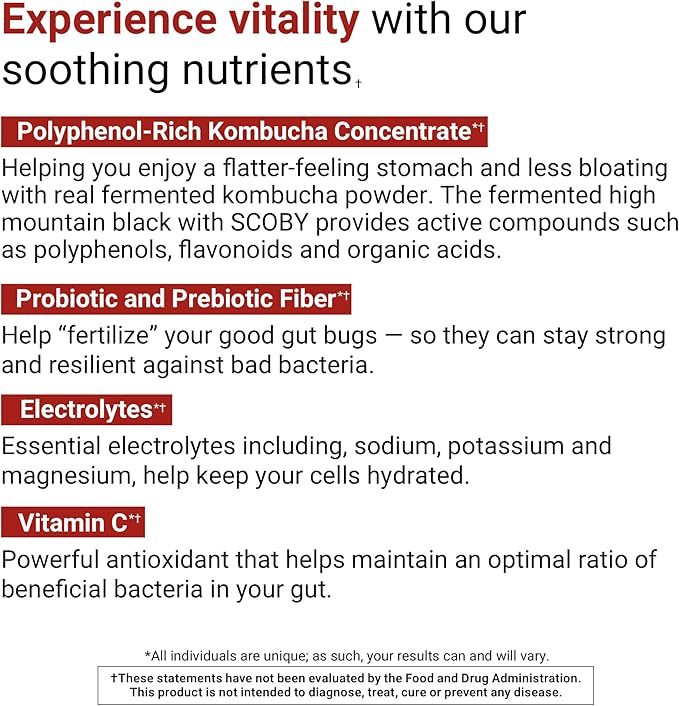 ACTIVATEDYOU Daily Digestive Tonic Kombucha - Support Healthy Digestion & Youthful, Long-Lasting Energy- Prebiotic Fiber, Probiotics, Postbiotics, Vitamin C, Berry Lemonade Flavor (30 Servings)