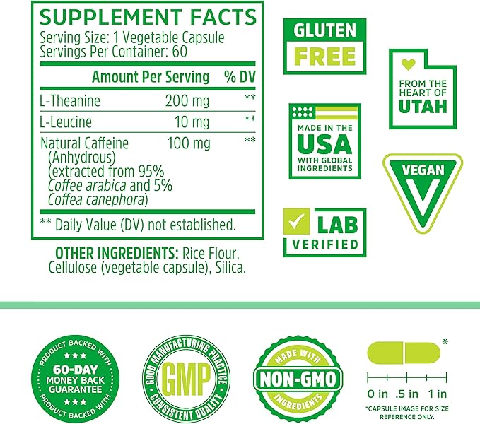 Zhou Energy + Focus - L Theanine Caffeine Pills, 200mg L-Theanine, 100mg Natural Anhydrous Caffeine Boost for Adults, Men & Women, Slow Extended Release - 60 Vegetarian Capsules (Pack of 1)