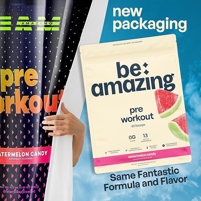 Be Amazing Pre-Workout Powder | Vegan Energy Booster Powdered Drink with All-Natural Caffeine, No Crash, No Jitters Gluten-Free Supplement with Adaptogens | Watermelon Candy, 30 Scoops
