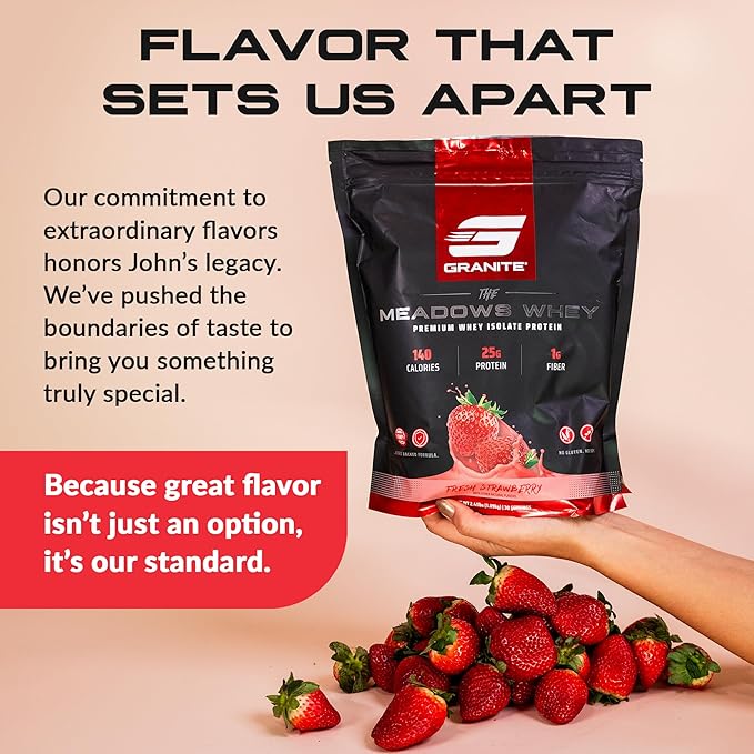 Granite Supplements The Meadows Whey Protein Isolate Protein Powder for Lean Muscle with 150 Calories, 2g Fiber, 1g Sugar (30 Servings), Fresh Strawberry Flavor