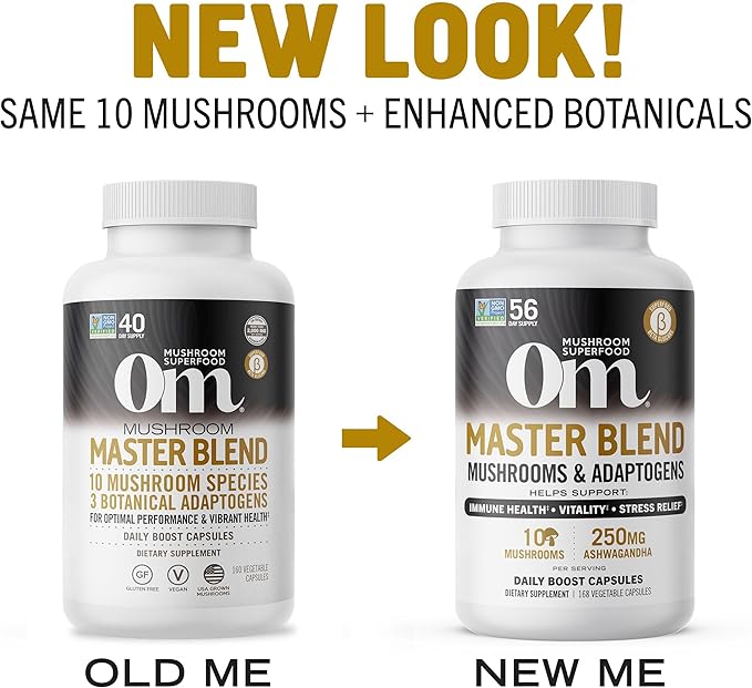OM MUSHROOM SUPERFOOD Master Blend Mushrooms & Adaptogens Capsules, 168 Count, 56 Servings, 10 Mushroom Complex with Adaptogens for Immune and Stress Relief