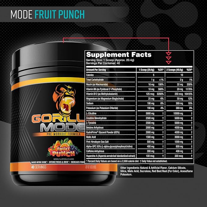 Gorilla Mind Pre Workout - Massive Pumps Laser Focus Energy Power - L-Citrulline, Creatine, L-Tyrosine, Betaine, Hydroprime, Alpha-GPC, 400mg Caffeine, Huperzine A - 816g (Fruit Punch)