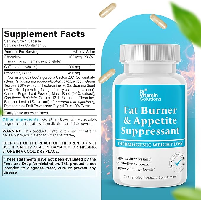 DR VITAMIN SOLUTIONS Fat Burner for Women & Men - Appetite Suppressant for Weight Loss - Pills with Chromium, Caffeine & Green Tea Extract - Metabolism Booster Thermogenic Weight Loss - 35 Capsules