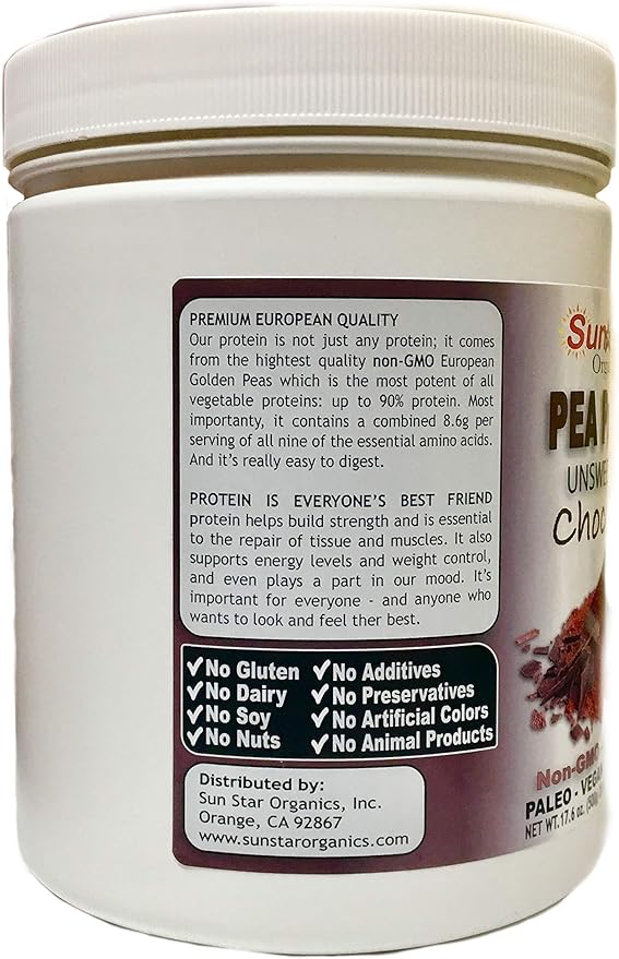 Pea Protein Powder - Unsweetened - Chocolate with Cocoa Powder & Vanilla Bean - Soy Free, Non-GMO 17.6 oz