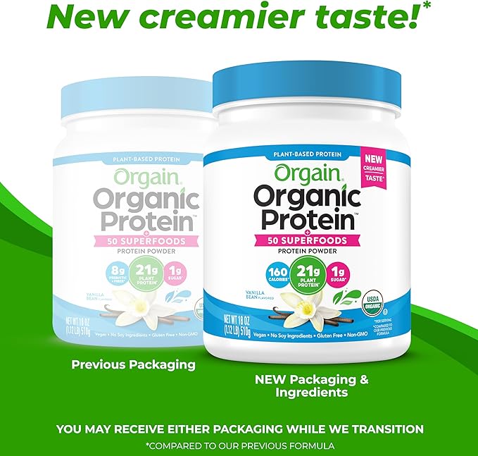 Orgain Organic Vegan Protein + 50 Superfoods Powder, Vanilla Bean - 21g Plant Based Protein, 8g Prebiotic Fiber, No Lactose Ingredients, Gluten Free, No Added Sugar, 1.12 lb (Packaging May Vary)