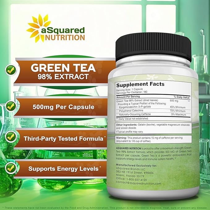 aSquared Nutrition Green Tea Extract with EGCG – 180 Capsules – 500mg per Capsule – 75% Polyphenols, 45% EGCG – Antioxidant Support, Heart Health, Natural Detox – Low Caffeine Supplement