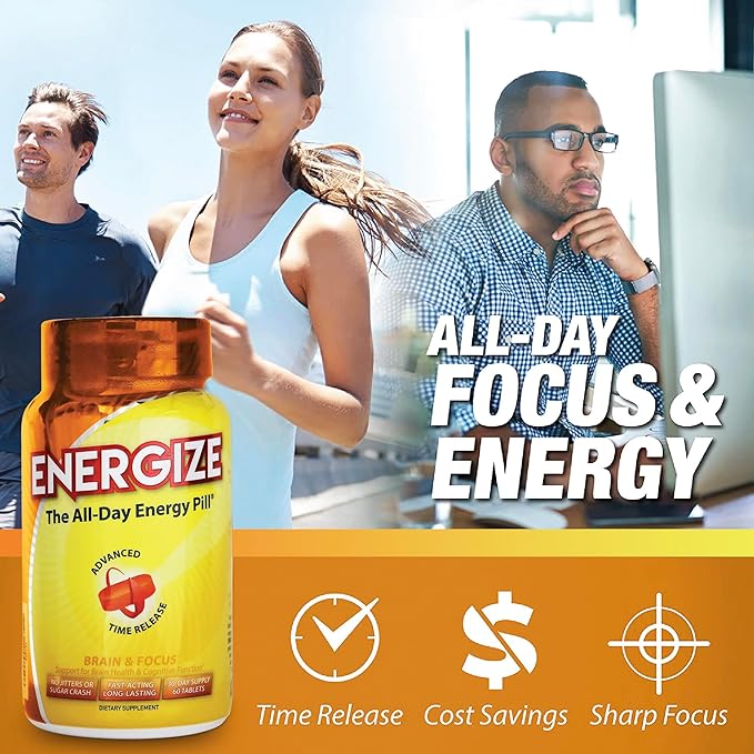 iSatori Energize Brain & Focus Caffeine Pills - Fast Acting All Day Energy Pills, Brain Booster, Energy and Focus Supplement, Time Release Caffeine Means No Jitters, No Crash (60 Tablets)