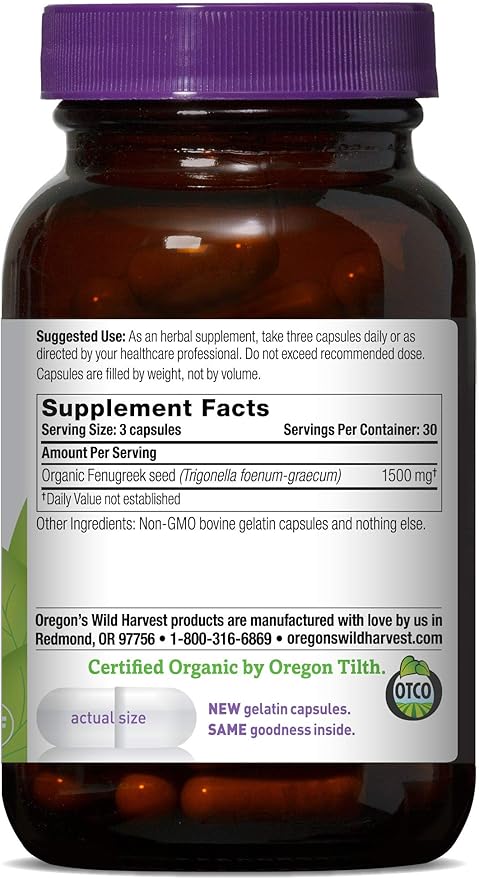 Oregon's Wild Harvest Fenugreek Organic Herbal Supplement, 90 Count