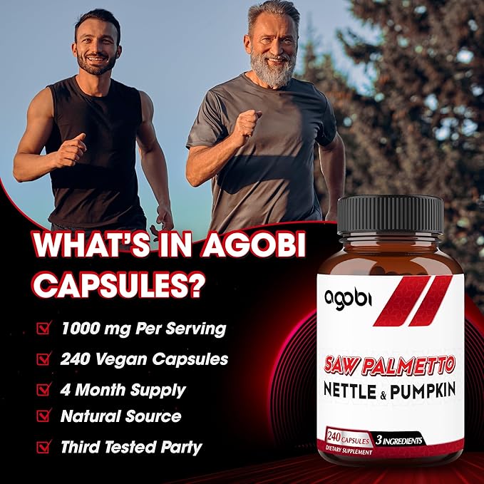 agobi Saw Palmetto Supplement with Nettle Leaf & Pumpkin - Support for Restful Mood, Hair Health, Immune System & Energy Production - 240 Veggie Capsules for 4-Month Suppply