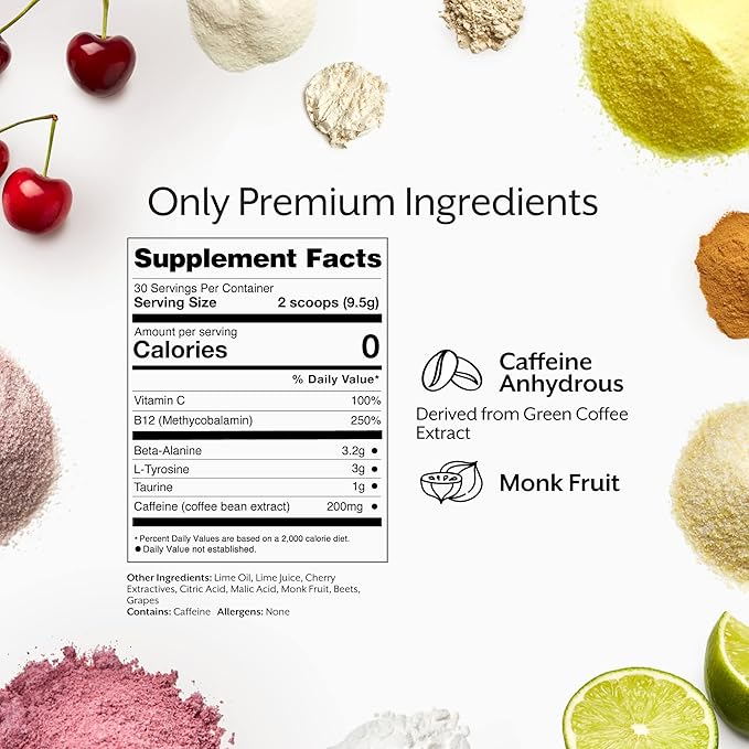 Promix Pre-Workout Powder, Cherry Lime - Maximize Focus & Performance - Helps Muscle Gain, Endurance & Enhanced Energy - Vitamin B12, Caffeine, Beta-Alanine & L-Tyrsosine - Gluten & Dairy-Free