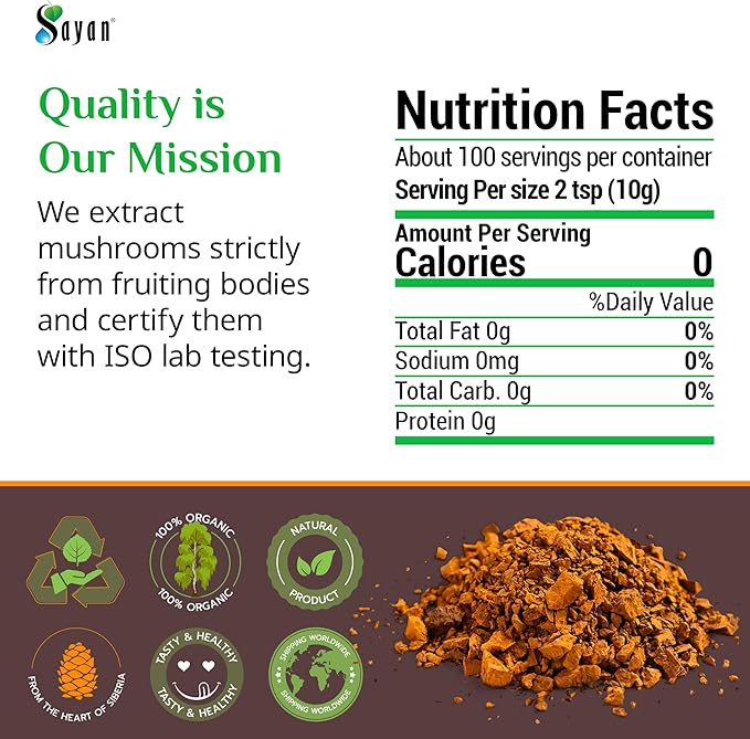 Sayan Siberian Pure Raw Coarse Chaga Powder 2.2lbs/1Kg – Premium Wild Forest Harvested Super Antioxidant Tea – Supports Immune System and Digestive Health – Focus, Energy, Clarity, Wellness - Non-GMO