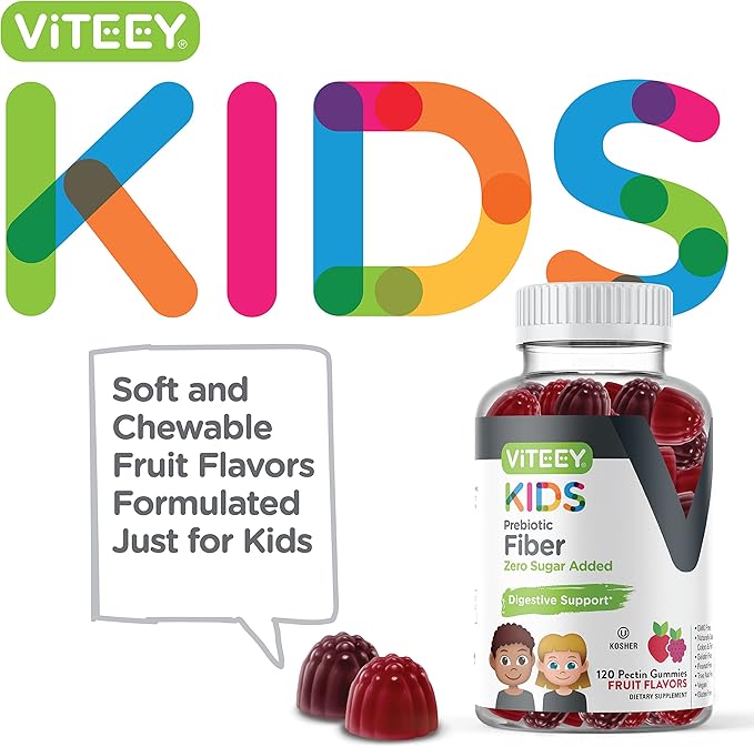 Prebiotic Kids Fiber Gummies for Constipation Relief, Digestive Health Regularity Support, Natural Weight Support - Fiber 4g, Zero Sugar Added, Vegan, Gluten Free - Tasty Chewable Fruit Flavored Gummy