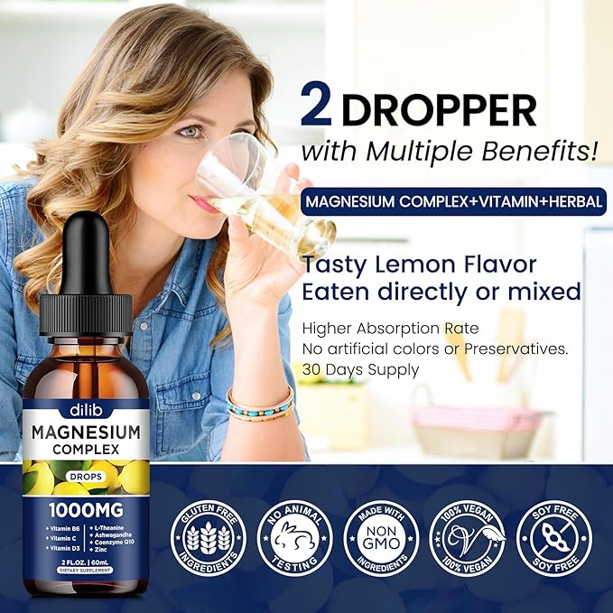 Triple Magnesium Complex Supplement, Magnesium Glycinate, Citrate Liquid Drops 1000mg with Ashwagandha, CoQ10, Vitamin B6, C, D, Zinc - Vegan Lemon Flavor