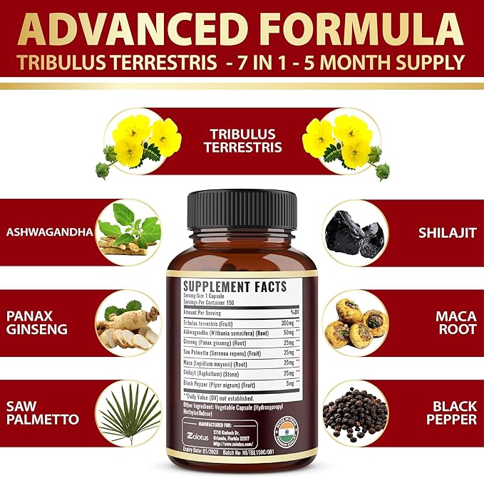 Tribulus Terrestris Supplement for Men & Women, 5-Month Supply with Ashwagandha, Panax Ginseng, Saw Palmetto, Maca, Shilajit, 150 Count