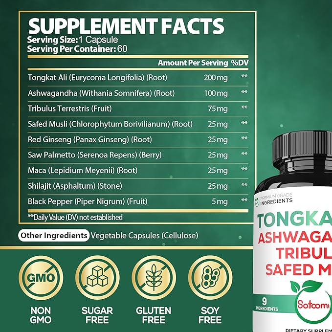 Satoomi Tongkat Ali Root Extract 200:1-9 Essential Herbs with Ashwagandha, Tribulus Terrestris & More - Support Strength, Energy and Healthy Immune - 60 Vegan Caps 2 Month Supply