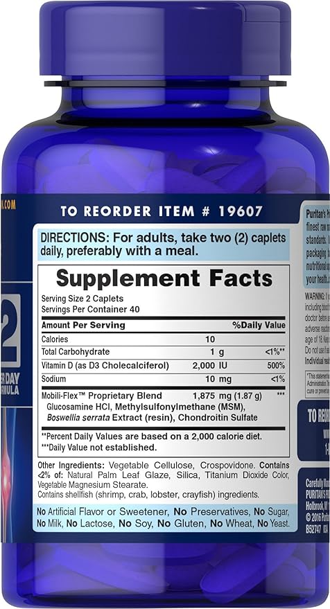 Puritan's Pride Advanced Glucosamine Chondroitin MSM With Vitamin D3 50mcg (2000 IU), Dietary Supplement for Joint Health, 80 Coated Tablets