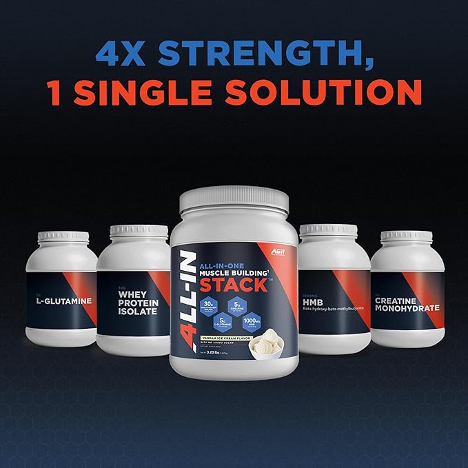 All-in-One Muscle Building Stack - Vanilla Whey Protein Isolate, Creatine Monohydrate, HMB, and L-Glutamine, 4 Products in one, Nothing Artificial, 30 Servings