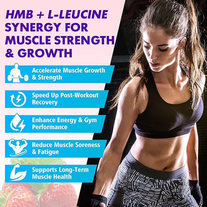 HMB and L-Leucine Gummies - 3000mg Combined HMB & L-Leucine per Serving. for Muscle Growth, Muscle Relief & Fast Recovery. Sugar-Free, Strawberry, 60 Gummies