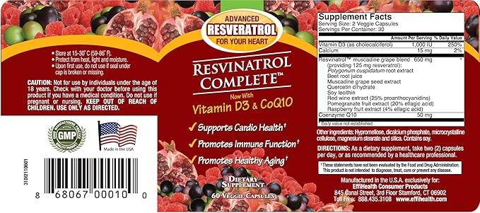 Capsules, 60 Count- Resveratrol Supplement Supports Healthy Aging, Heart Health, and Immune Function with Quercetin, Grape Seed Extract, Vitamin D3 and CoQ10