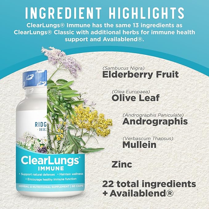 Ridgecrest Herbals ClearLungs Immune, Lung Support Supplement with Mullein, Elderberry, Zinc, Vitamin C, Vitamin A, Olive Leaf (60 Caps, 30 Serv)