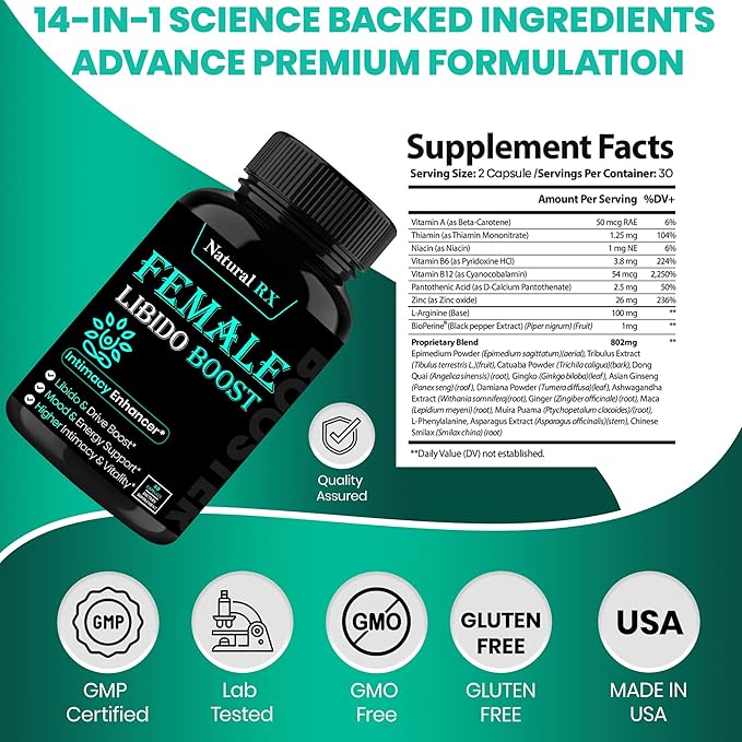 Fast Acting Female Libido Booster | Female Enhancement, Long Lasting, Hormonal Balance | High Intimacy, Increases Drive and Mood with Maca Root, Ginseng, Tribulus, Gingko| Non GMO USA Made 60 Capsules