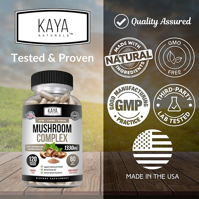 Kaya Naturals Premium Mushroom Complex Potent - Mushroom Supplement - Mushroom Complex Capsules 1995mg Per Serving - Aids Mental Clarity Supports Immune System, Wellness & Vitality - 120 Count
