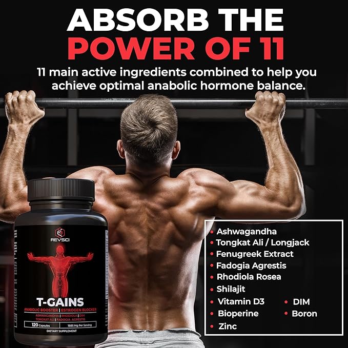 Anabolic Booster & Muscle Builder for Men, Total GAINS Muscle Growth & Estrogen Blocker, Ashwagandha, Shilajit, Fadogia, Tongkat Ali for Stamina, Energy & Strength, HGH Supplements for Men, 120 Count