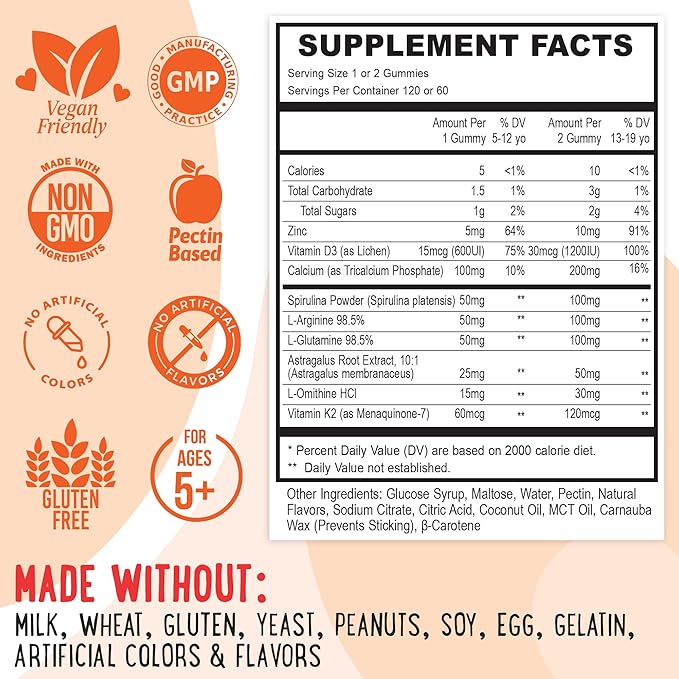 Center-Filled Height Growth Increase Gummies - Grow Taller Supplement Vitamins for Kids & Teens with Calcium, Astragalus, D3, K2, L-Arginine, Glutamine & Omithine HCI - 60 Count