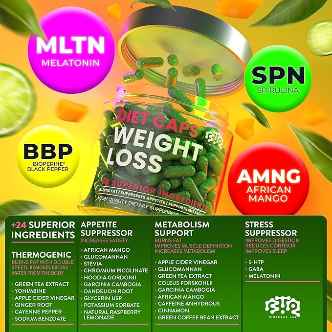 Bioteque Lab Weight Loss Diet Capsules, Natural Appetite Suppressant, Day & Night Fat Burner for Women & Men with Apple Cider, Green Coffee Bean Extract, Metabolism Booster Supplement - 60 Pills