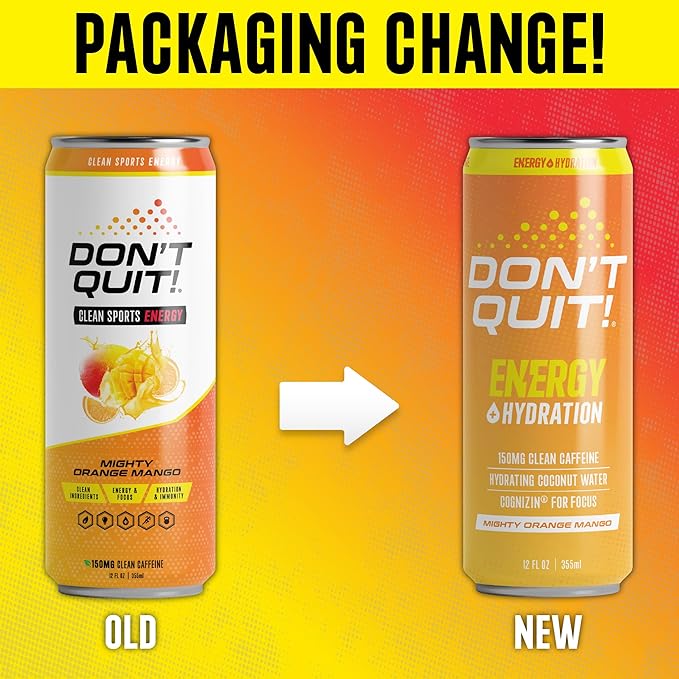 DON’T QUIT Clean Sports Energy Drink - 150 Milligrams of Natural Caffeine with Coconut Water and Electrolytes for Hydration and Cognizin® for Attention and Focus - (Mighty Orange Mango, 12 Pack)