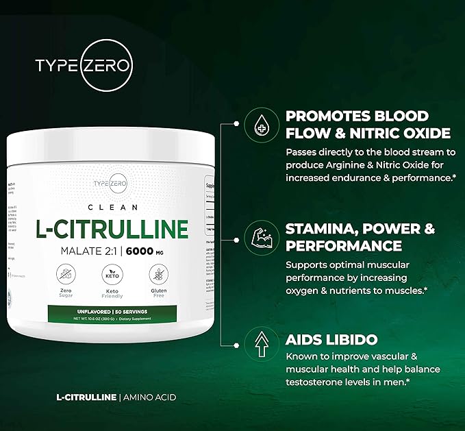 Type Zero L-Citrulline Malate Powder 2:1 6X (300g | 6000mg Per Serving | Unflavored) Ultra Clean L Citrulline, Nitric Oxide Booster, Pre Workout - Nitrous Oxide Vasodilator Supplement