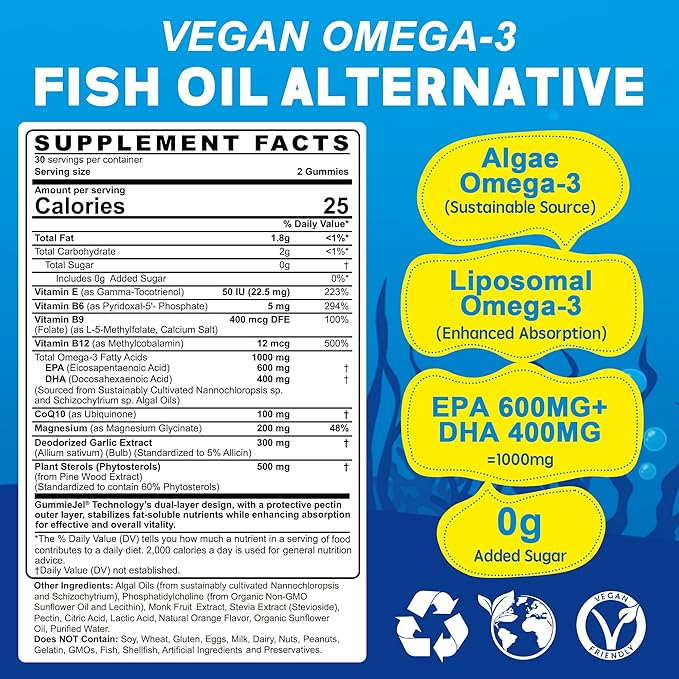 Vegan Omega-3 Gummies 1000mg +CoQ10+Magnesium- EPA 600mg & DHA 400mg, Fish Oil Omega 3 Supplements Alternative for Women Men- Liposomal Algae- Plant Sterols, Deodorized Garlic, B6,B9, B12, Sugar Free