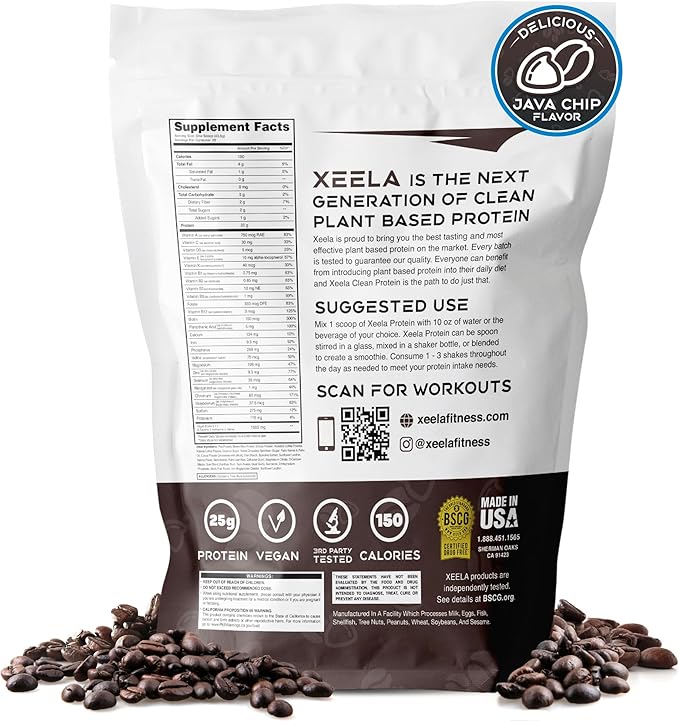 XEELA Plant Based Vegan Protein Powder - Independently Tested - 25g High Protein, Pea Protein for Men & Women - Vitamins & Minerals, Non GMO, Dairy & Gluten Free, LowCarb & LowFat (Java Chip)