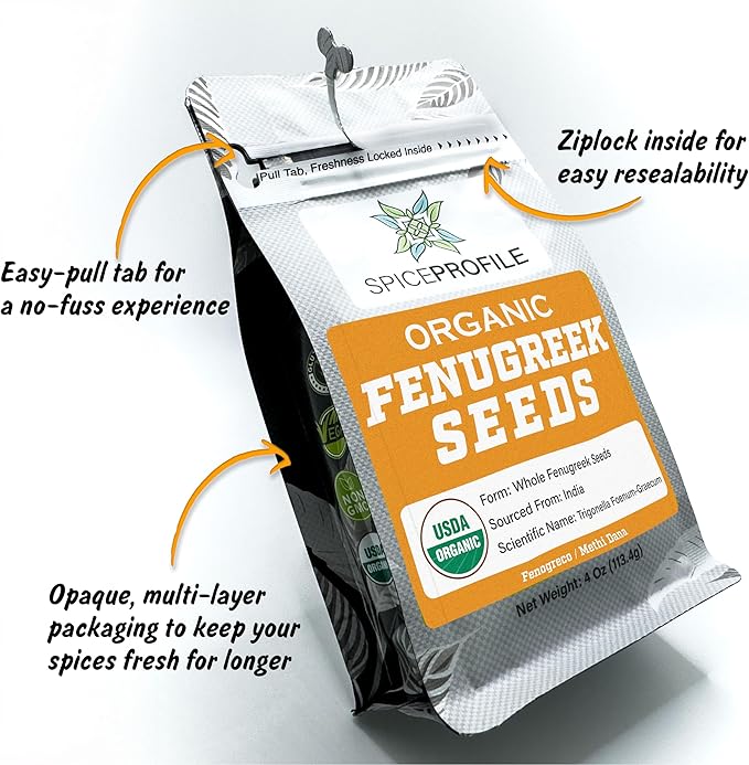 USDA Organic Fenugreek Seeds, Lab Tested for Heavy Metals, Resealable 4oz Pouch, Methi, Semillas de Fenogreco