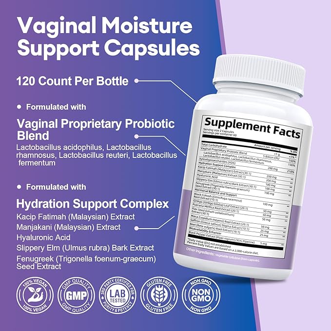 Vaginal Moisture Capsules, Women Vaginal Probiotics with Prebiotics & Lactobacillus Probiotic Blend, Support Vaginal Flora, Hormone Balance - Fenugreek Seed Extract, Slippery Elm, 120 Count