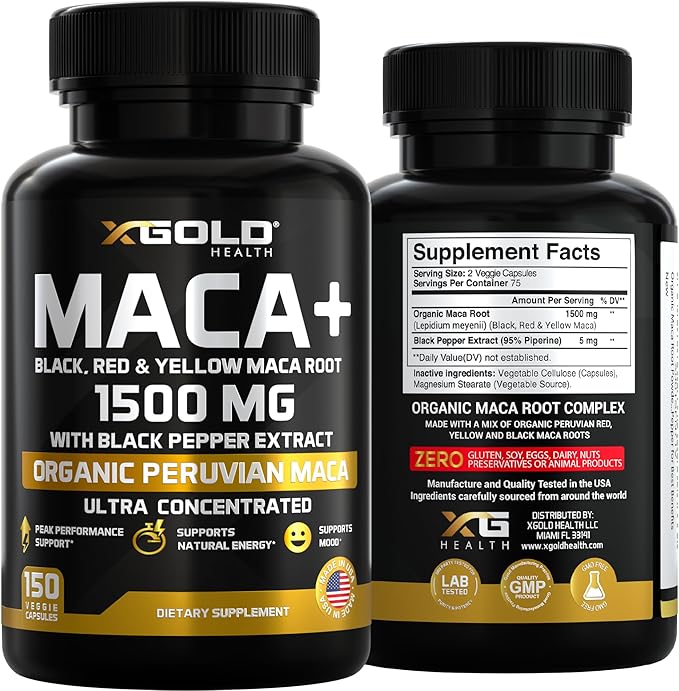 X Gold Health Organic Maca Root Powder Capsules 1500mg with Black | Red & Yellow Peruvian Maca Root Extract Gelatinized, Energy & Mood Supplement for Men & Women + Black Pepper for Best Benefits