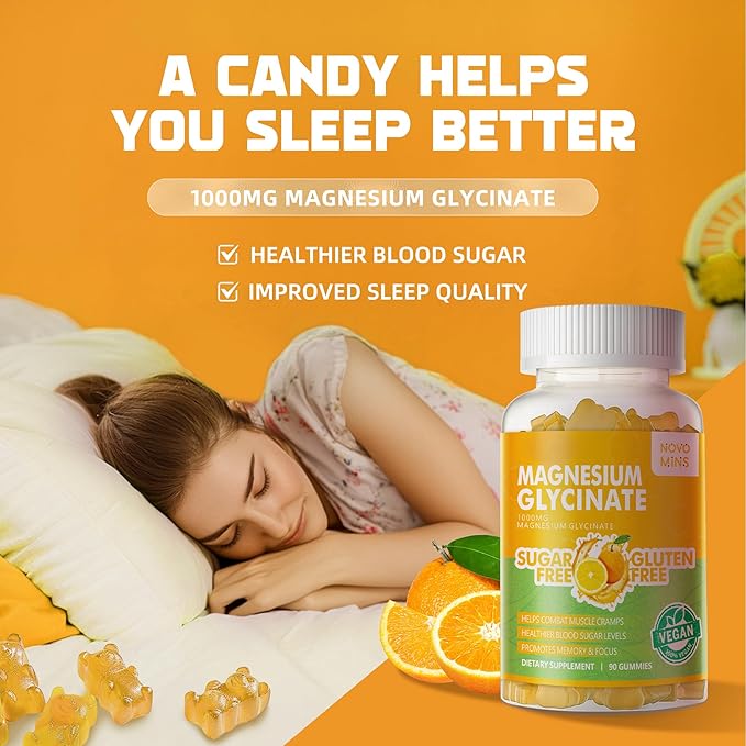 180 CT Magnesium Glycinate Gummies 1000mg - Sugar Free Magnesium Potassium Supplement with Vitamin D, B6, CoQ10 for Calm Mood & Sleep Support - 180 Orange Gummies