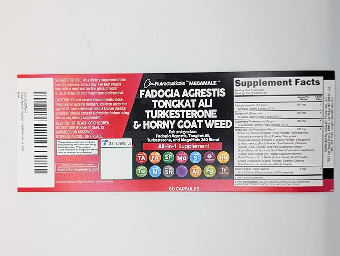 Clean Nutraceuticals Fadogia Agrestis Tongkat Ali Turkesterone Supplement with Horny Goat Weed, Saw Palmetto, Maca Root, Siberian Ginseng, Tribulus Terrestris, Fenugreek, Wild Yam - 60 Count