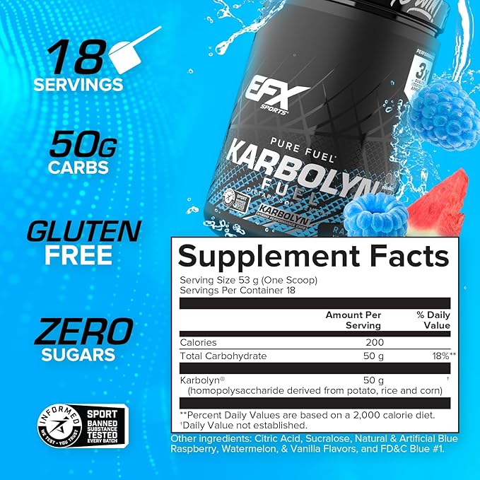 EFX Sports Karbolyn Fuel | Fast-Absorbing Carbohydrate Powder | Carb Load, Sustained Energy, Quick Recovery | Stimulant Free | 18 Servings (Blue Razz Watermelon)
