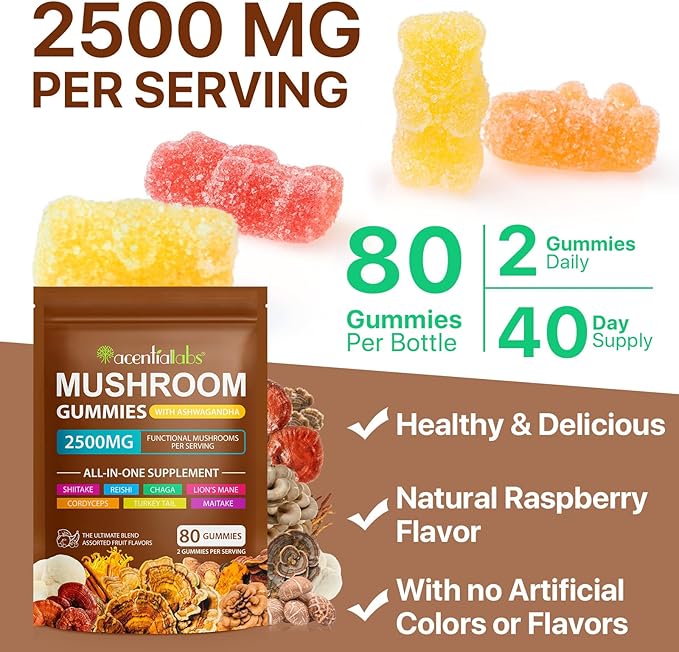 Ashwagandha Gummies with Super Mushroom Blend – Mushroom Gummies with Lion’s Mane, Reishi, Turkey Tail, Cordyceps, KSM 66, Shiitake – Immune Support, Focus, Vegan, Low Carb, Berry Flavor, 80 Ct