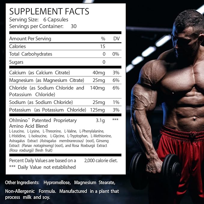 Oh!mino Amino Acids Supplement for Protein Synthesis - EAAs Capsules for Muscle Recovery, Pre & Post Workout - Non Caffeine, Non Dairy, Vegan, Zero Sugar & Net Carbs (180-Count, 30 Servings)