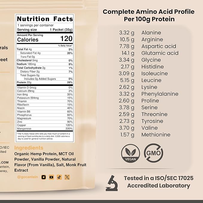 Organic Hemp Protein, Vegan Protein Powder, Plant Based Protein Powder, Non Dairy Protein, Lactose Free Natural Protein, Gluten Free- 1 Servings, Vanilla Sample