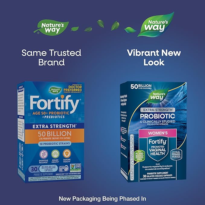 Nature's Way Women's Extra Strength** Fortify Probiotic, 50 Billion Live Cultures, Supports Digestive, Vaginal, & Immune Health*, Plant-Based Prebiotic Fiber, Non-GMO, 30 Capsules (Packaging May Vary)