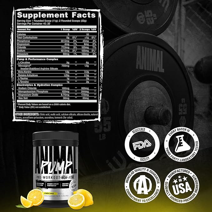 Animal Pump NS Stim-Free Pre Workout Powder for Men & Women - Caffeine-Free Preworkout for Energy, Focus and Muscle Builder, Beta Alanine, Citrulline, Nitrosigine and Nootropics, Lemon Surge, 442g