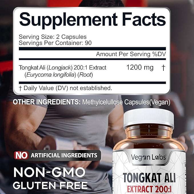 Vegan Labs Tongkat Ali 200:1 Extract, 1200MG Per Servings- 180 Vegan Capsules- Supports Energy and Stamina- Gluten Free, Non-GMO Premium Quality Supplement