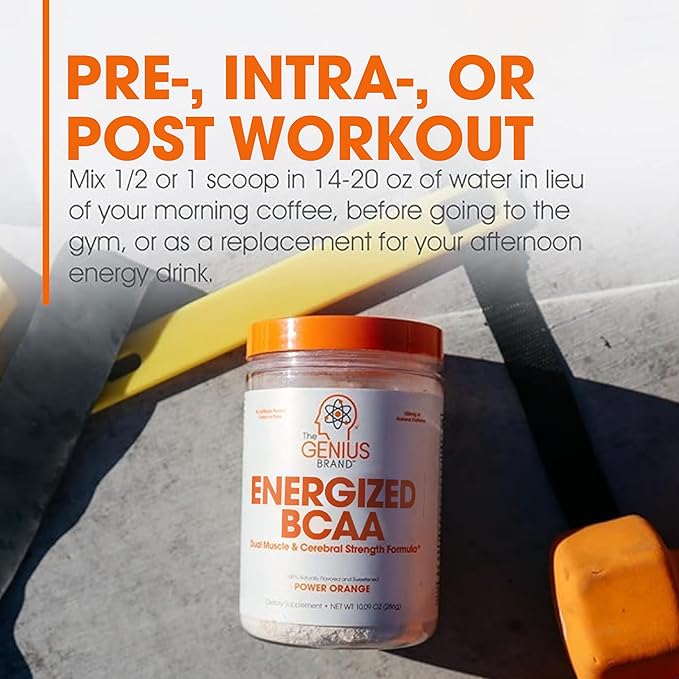 Genius BCAA Powder - 5g Vegan BCAAs L-Glutamine, Cognizin & Rhodiola Muscle Recovery Energy Support 100mg Caffeine Pre, Intra, Post-Workout Nootropic Supplement for Focus & Performance - Orange