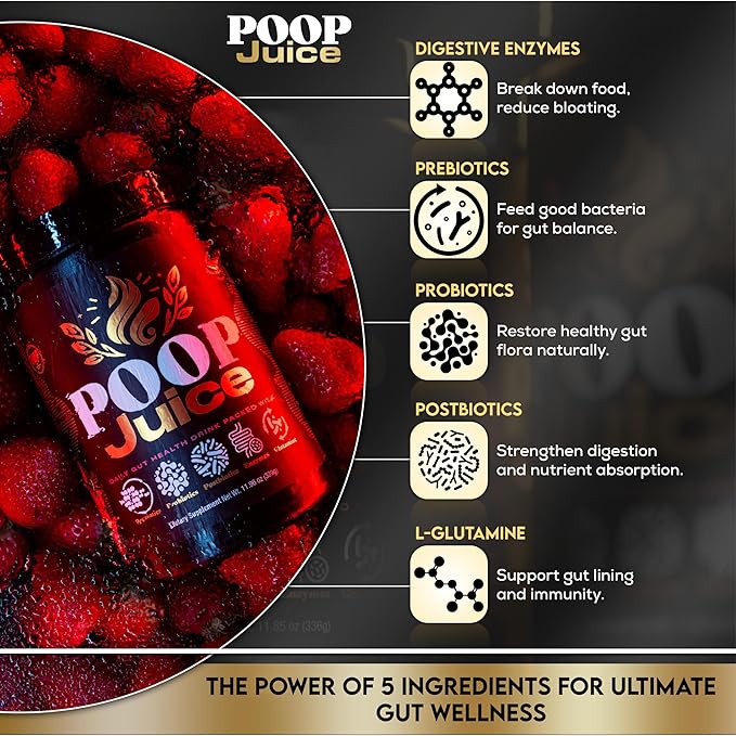 Poop Juice 5-in-1 Prebiotic, Probiotic, Postbiotic, Digestive Enzymes & Glutamine Supplement Powder - Bloat Relief, Gut & Immune Support - Sugar & Lactose-Free - 30 Servings (Strawberry Lemonade)