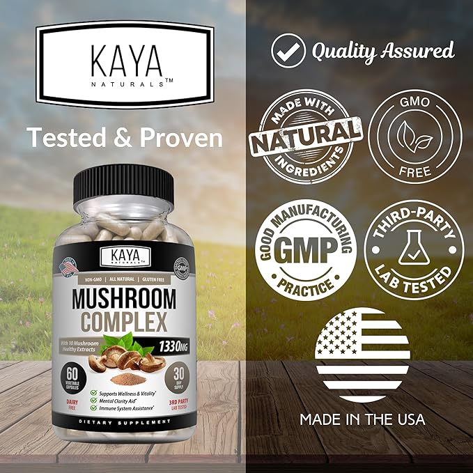 Kaya Naturals Premium Mushroom Complex Potent - Mushroom Complex Capsules 1330mg Per Serving - Aids Mental Clarity Supports Immune System, Wellness & Vitality - 60 Count