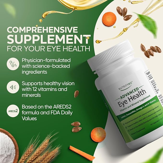 Advanced Eye Health Vitamin and Mineral Supplement with Lutein, Zeaxanthin, Omega-3, and B Vitamins - 60 Capsules