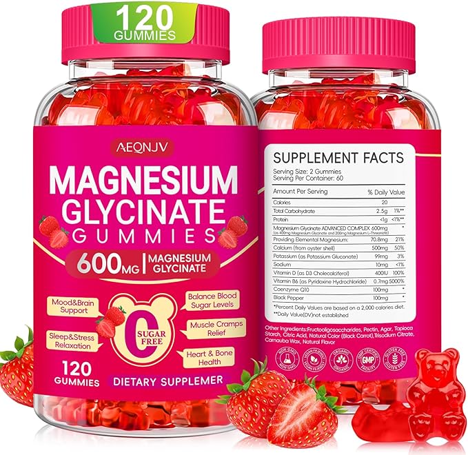 Magnesium Glycinate Gummies 600mg, Chewable Sugar Free Potassium Magnesium Gummies with Magnesium Glycinate, Vitamin D, B6 and CoQ10 for Sleep, Relaxation, Brain and Muscle, 60 Days Supply